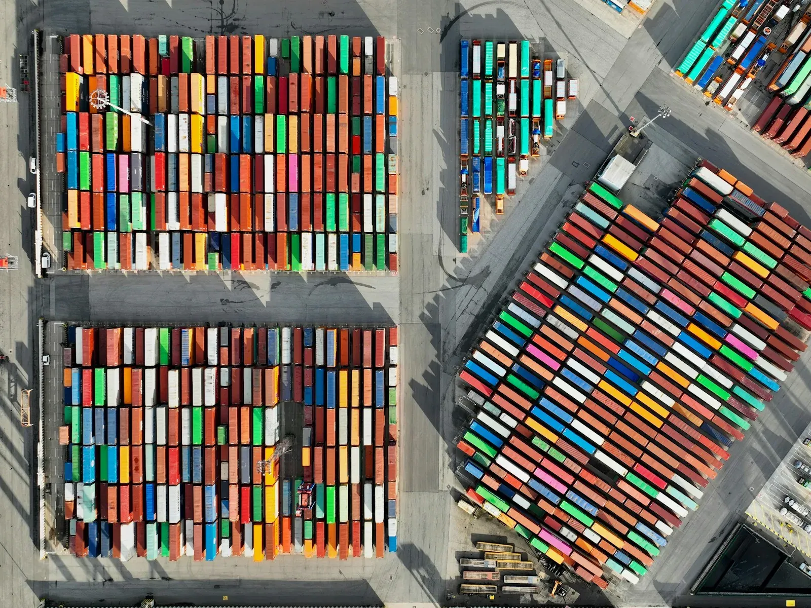 Shipping containers and service lanes seen directly from above in Hamburg.