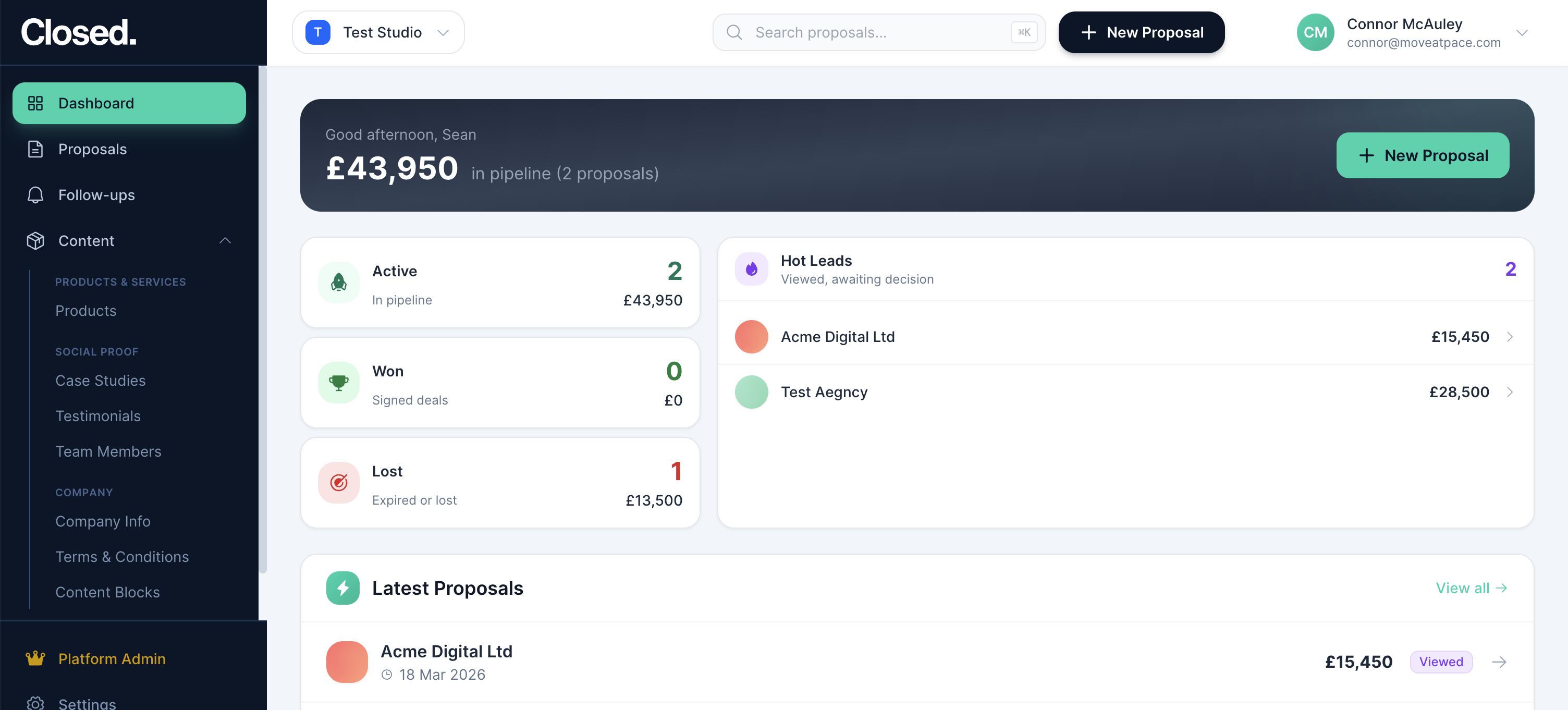 Proposal analytics and e-signature platform for service agencies